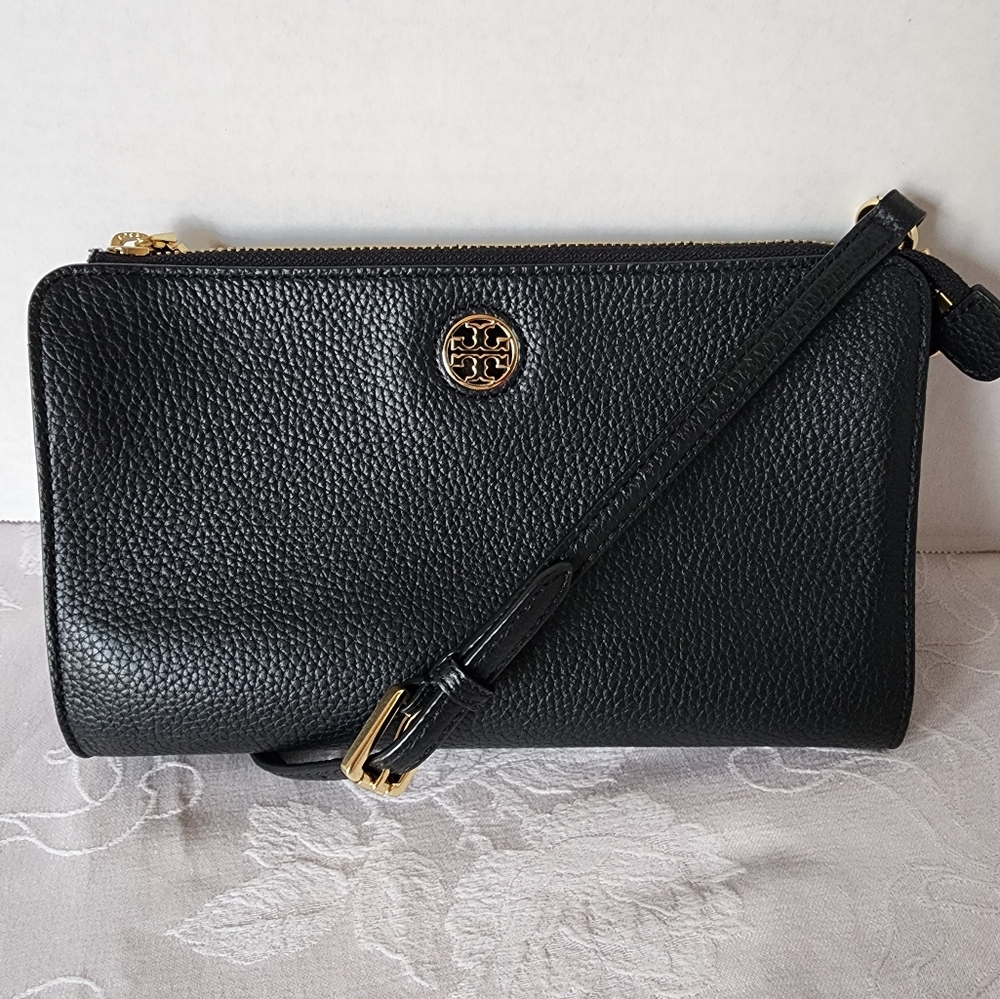 Tory Burch Black Pebbled Leather Crossbody with Gold Hardware